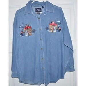 Let's Quizz Again Denim Top Women M Teddy‎ Bears School Teacher Shirt Apples